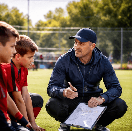 Coach speaking with young athletes on a sports field